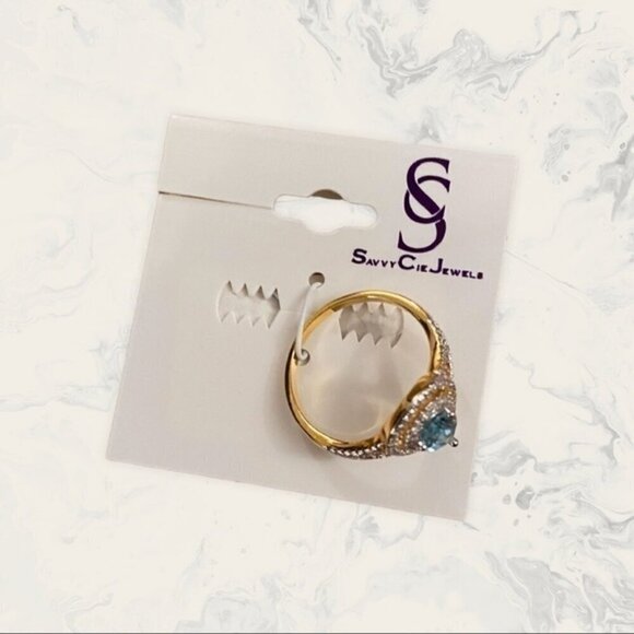 Savvy Cie 18K Gold Plated CZ Halo Pear Cut Laguna Blue Lab Created Sapph… - Picture 2 of 3